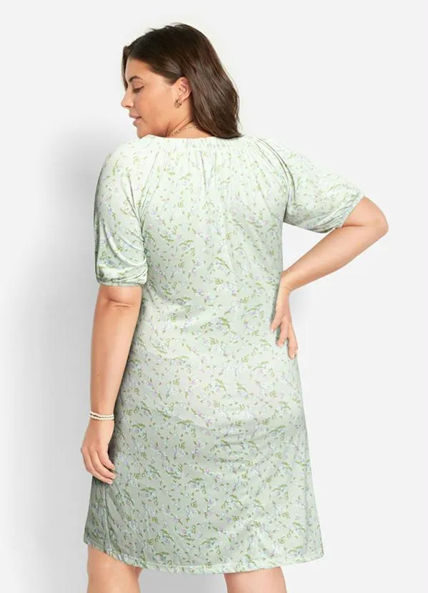 Queima Estoque - Vestido com Botões Manga Curta Floral Verde 9