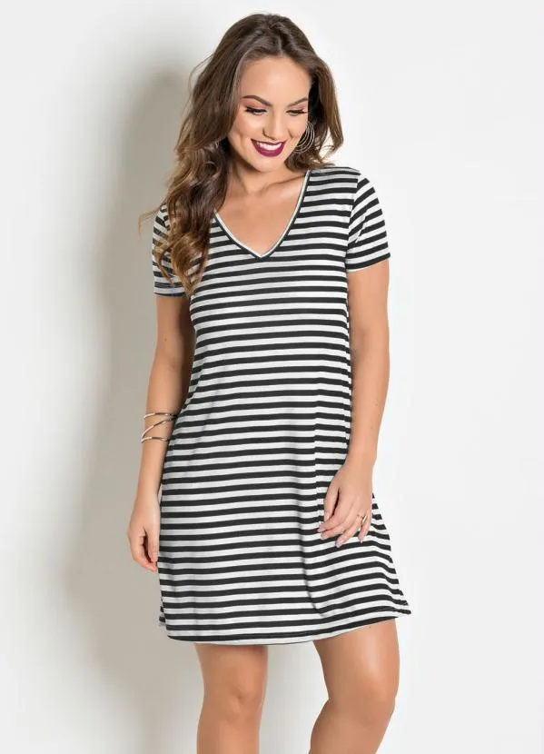 Moda Pop - Vestido com Decote em V Listrada