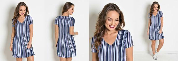 Vestido com Decote em V Listrado Azul