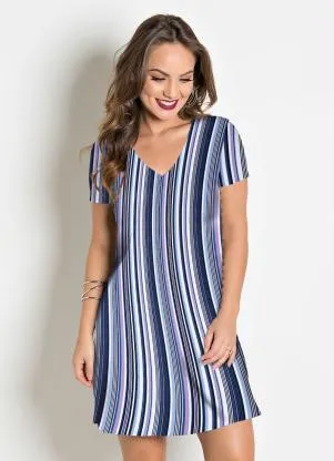 Moda Pop - Vestido com Decote em V Listrado Azul - MODA POP