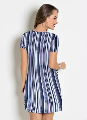 Moda Pop - Vestido com Decote em V Listrado Azul - MODA POP