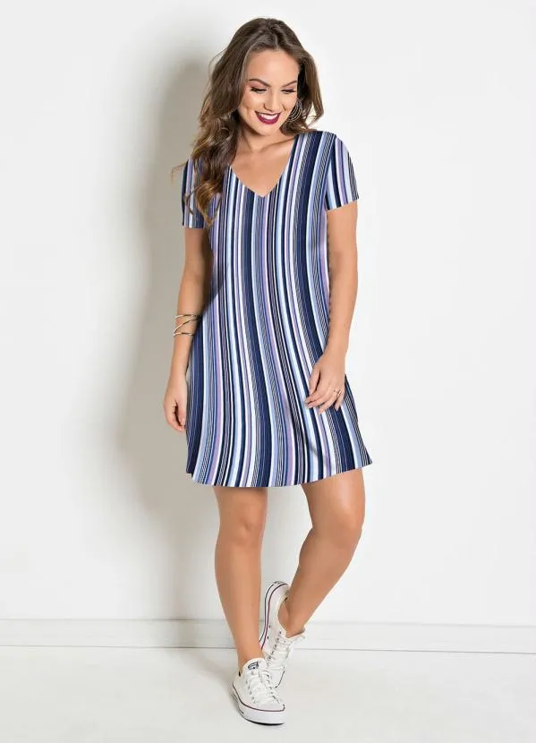 Moda Pop - Vestido com Decote em V Listrado Azul 4