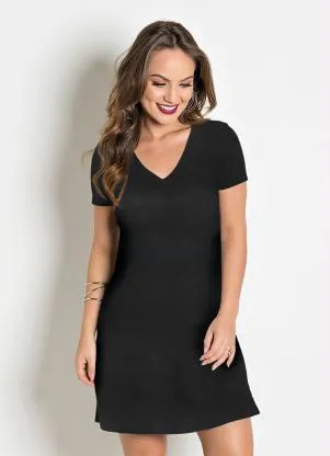 Moda Pop - Vestido com Decote em V Preto - MODA POP