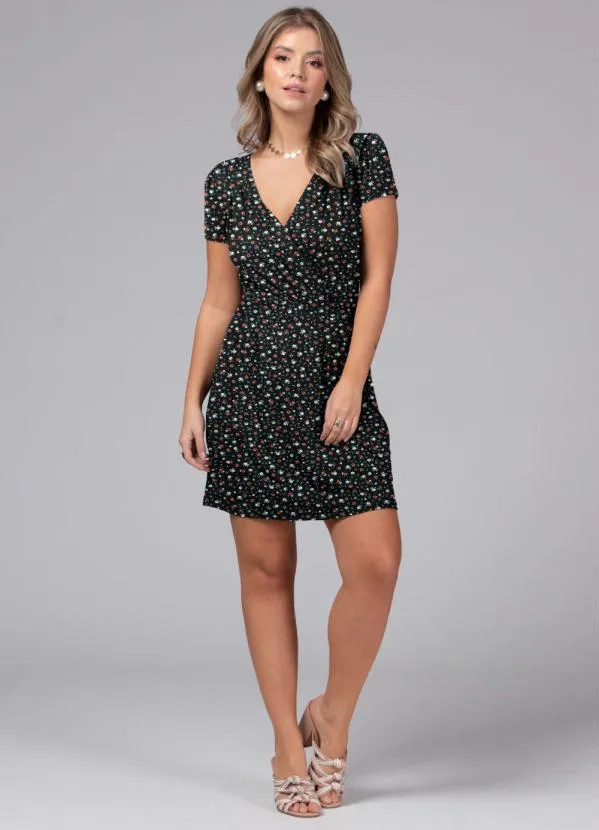 Quintess - Vestido com Decote Transpassado Floral Preto 3