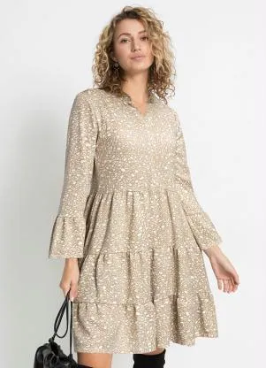 bonprix - Vestido com Gola Padre Arabescos Bege - BONPRIX