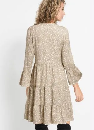 bonprix - Vestido com Gola Padre Arabescos Bege - BONPRIX