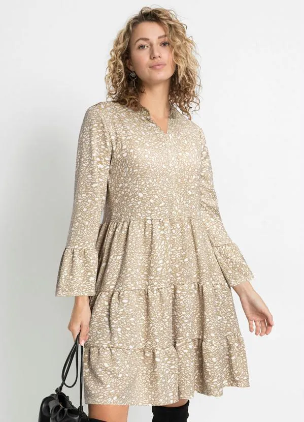 bonprix - Vestido com Gola Padre Arabescos Bege