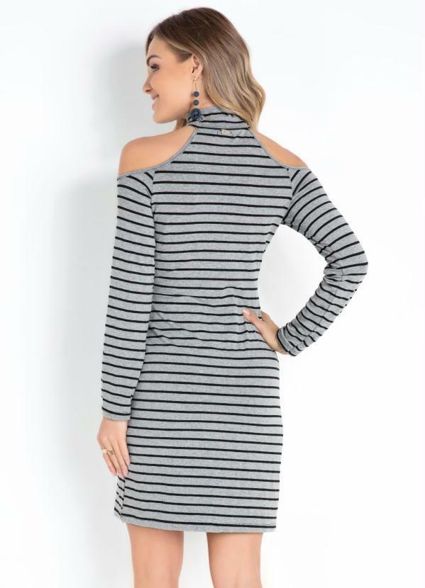 Quintess - Vestido com Ombros Vazados Listrado Cinza 2