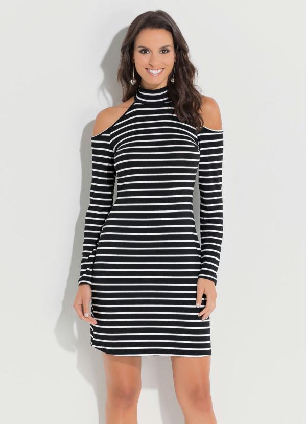 Quintess - Vestido com Ombros Vazados Listrado Preto 1