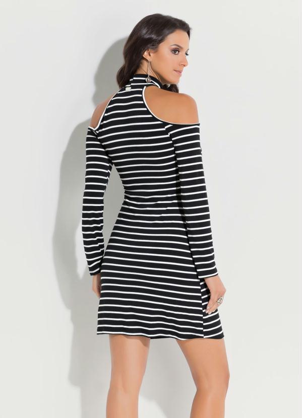 Quintess - Vestido com Ombros Vazados Listrado Preto 2