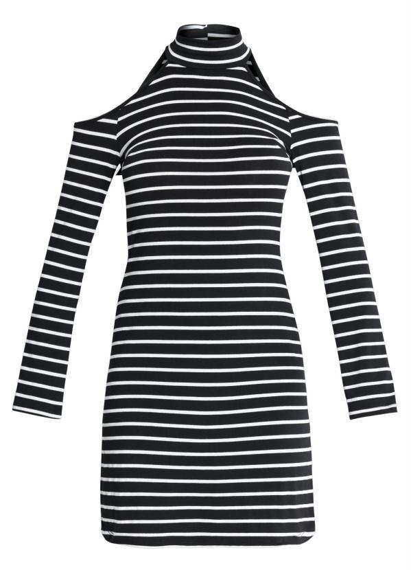 Quintess - Vestido com Ombros Vazados Listrado Preto 5