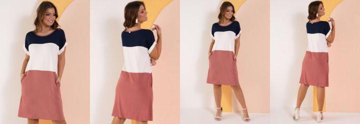 Vestido com Recortes Off White, Marinho e Rosa