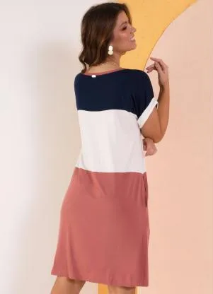 Quintess - Vestido com Recortes Off White, Marinho e Rosa - QUINTESS