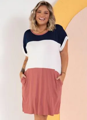 Quintess - Vestido com Recortes Off White, Marinho e Rosa - QUINTESS