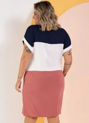 Quintess - Vestido com Recortes Off White, Marinho e Rosa - QUINTESS