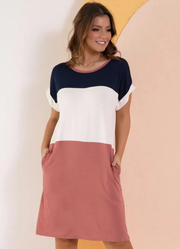 Quintess - Vestido com Recortes Off White, Marinho e Rosa