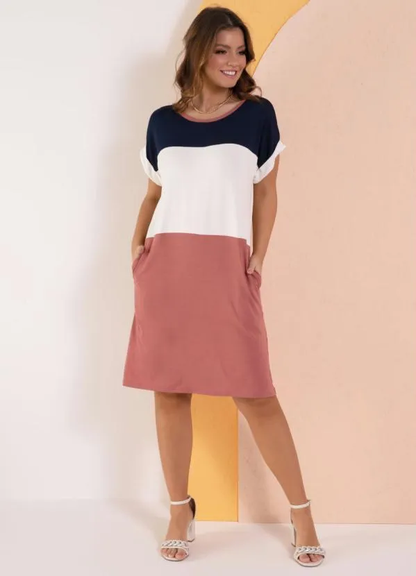 Quintess - Vestido com Recortes Off White, Marinho e Rosa 9