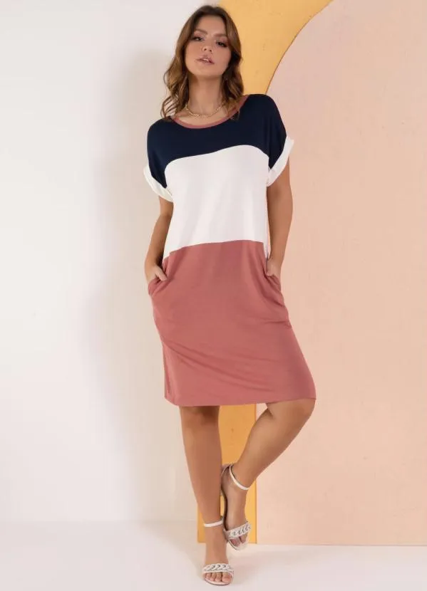 Quintess - Vestido com Recortes Off White, Marinho e Rosa 7