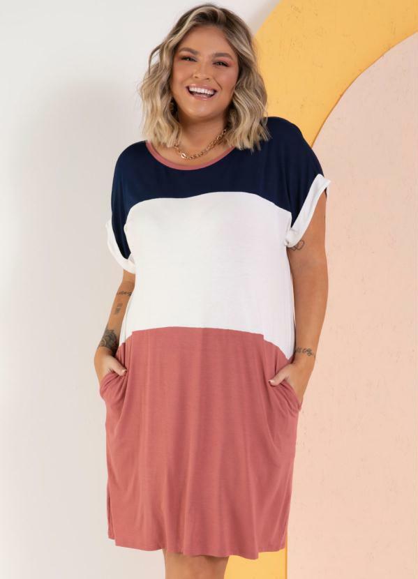 Quintess - Vestido com Recortes Off White, Marinho e Rosa