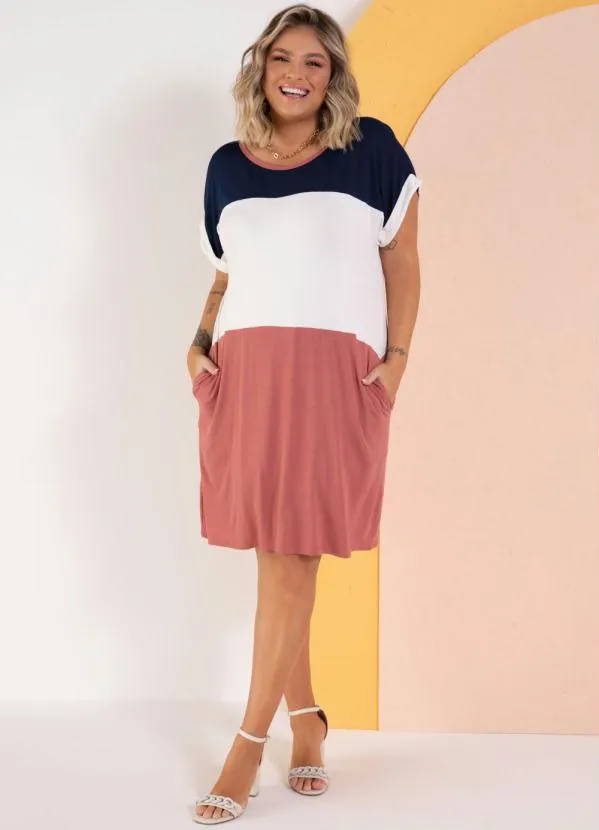 Quintess - Vestido com Recortes Off White, Marinho e Rosa 4