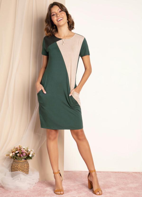 Quintess - Vestido com Recortes Verde, Bege e Preto 3