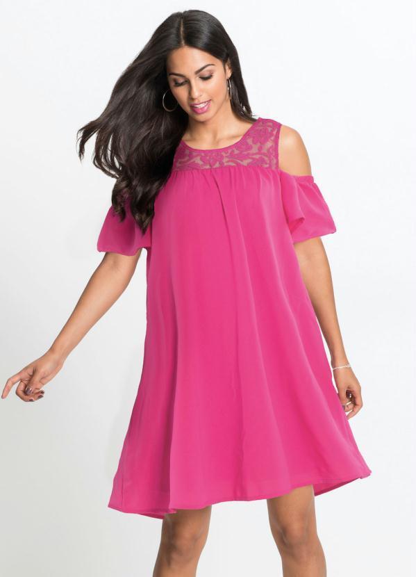 bonprix - Vestido com Renda e Ombros Vazados Rosa Pink