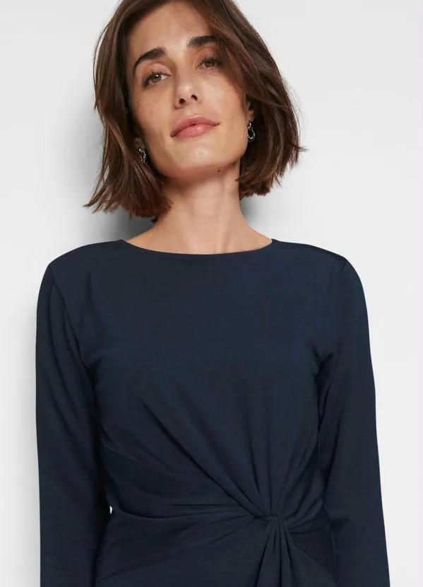 bonprix - Vestido com Torção e Mangas 3/4 Azul Marinho 3