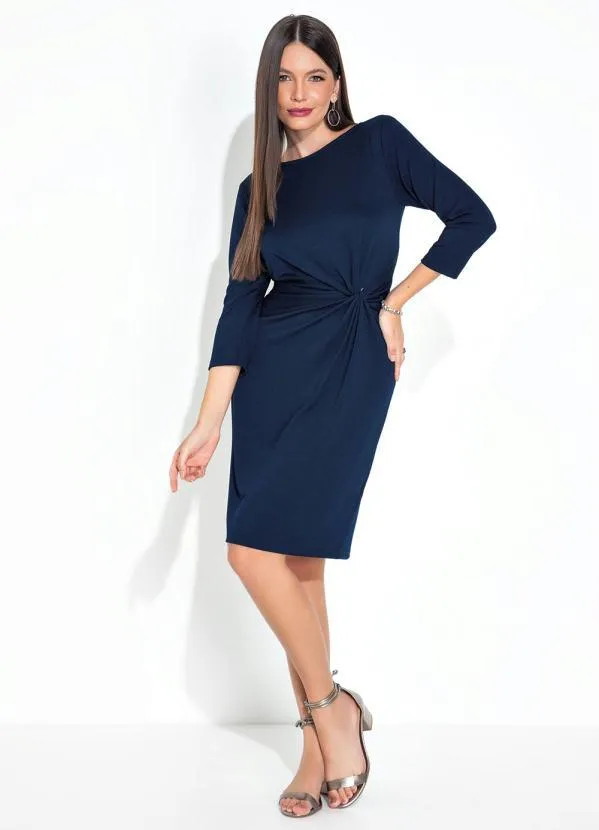 bonprix - Vestido com Torção e Mangas 3/4 Azul Marinho 4