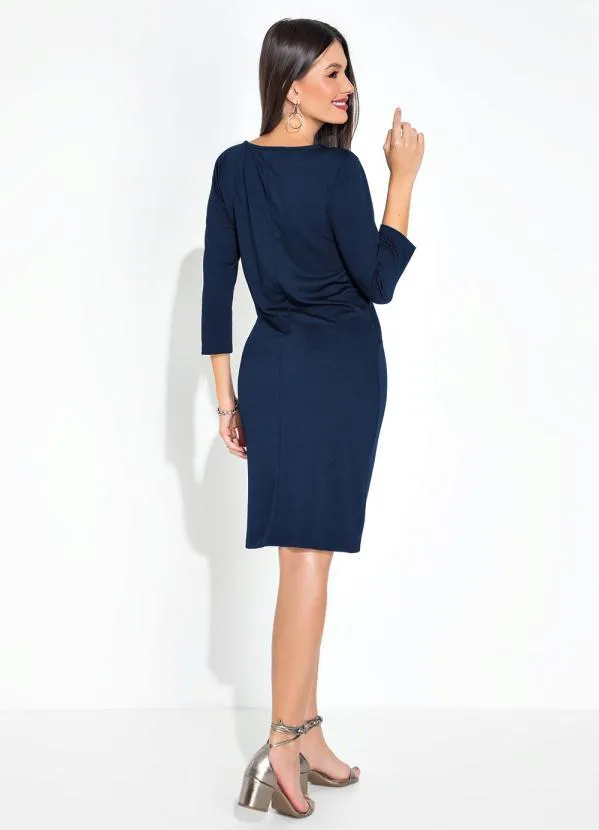 bonprix - Vestido com Torção e Mangas 3/4 Azul Marinho 5