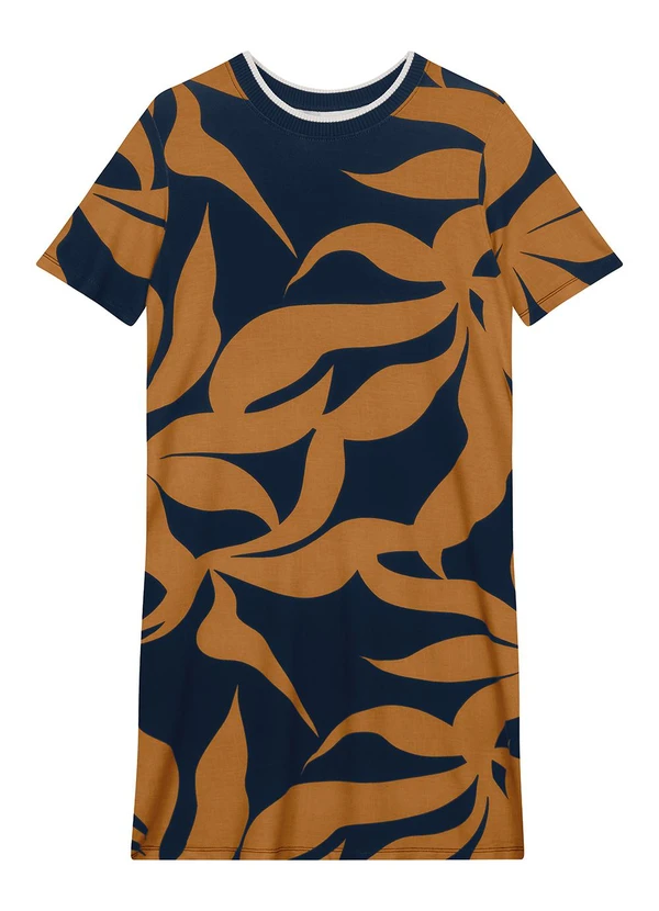 Malwee - Vestido Curto Amplo Tropical em Azul Escuro