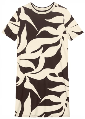Malwee - Vestido Curto Amplo Tropical em Moletinho Café - MALWEE