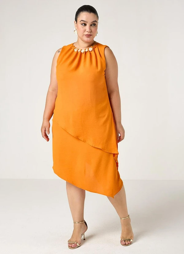 Elegance - Vestido Curto Assimétrico com Esferas Laranja