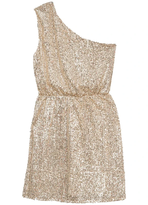 Enfim - Vestido Curto Assimétrico em Paetê Champagne 2