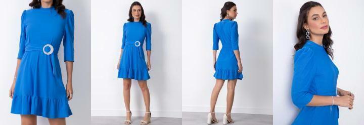 Vestido Curto Azul com Cinto e Mangas Bufantes