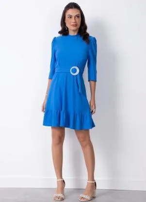 Quintess - Vestido Curto Azul com Cinto e Mangas Bufantes - QUINTESS