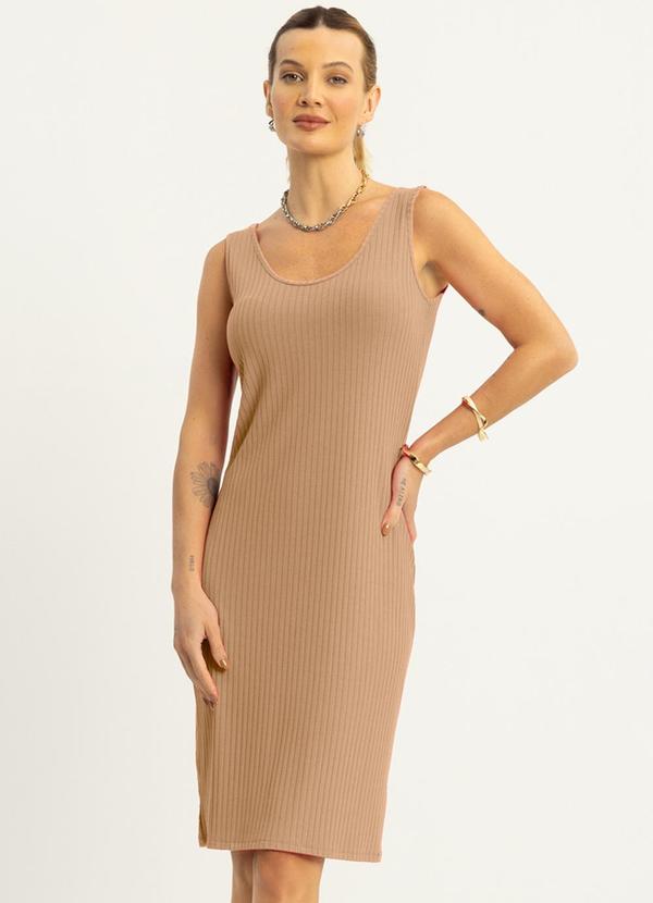 Lunender - Vestido Curto Básico Malha Canelada Bege