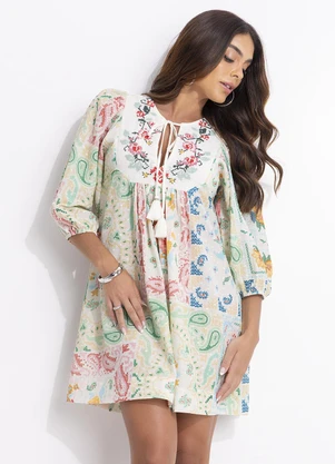 Farm - Vestido Curto Borda Bandana Bege - FARM