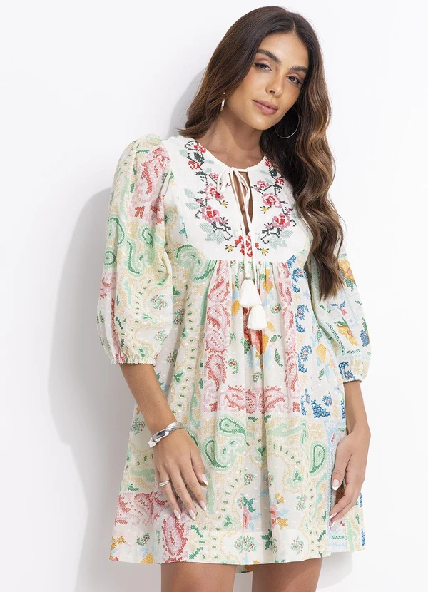 Farm - Vestido Curto Borda Bandana Bege 5