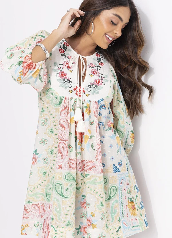 Farm - Vestido Curto Borda Bandana Bege 7