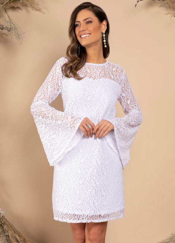 Quintess - Vestido Curto Branco com Mangas Longas Sino