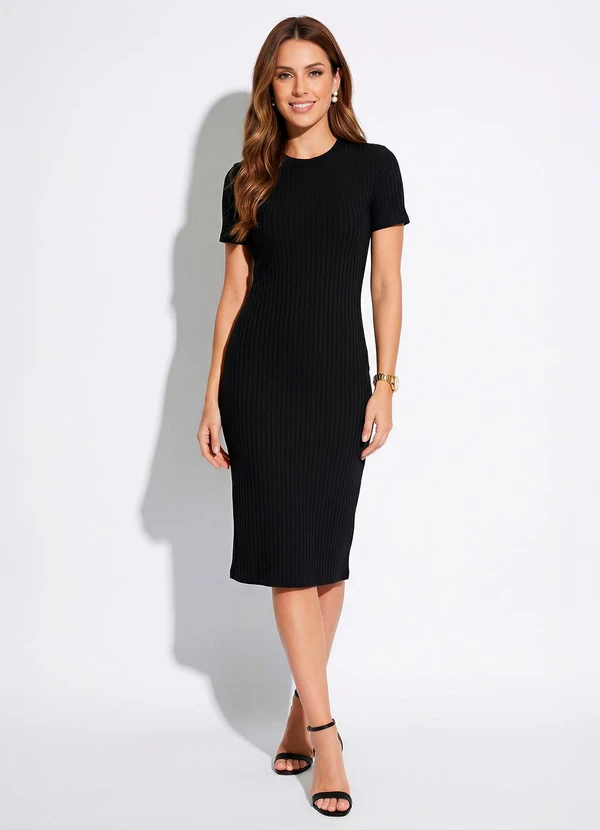 Malwee - Vestido Curto Canelado Preto