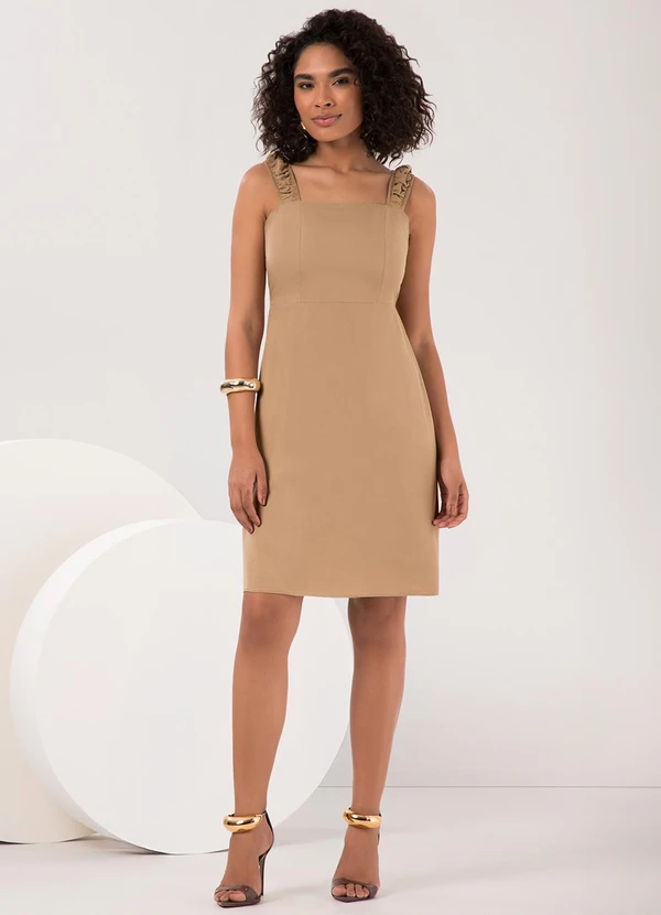 Lunender - Vestido Curto com Alças e Decote Reto Bege 3