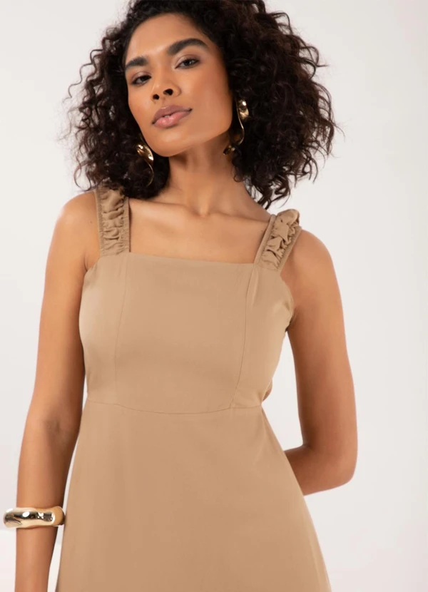 Lunender - Vestido Curto com Alças e Decote Reto Bege 5