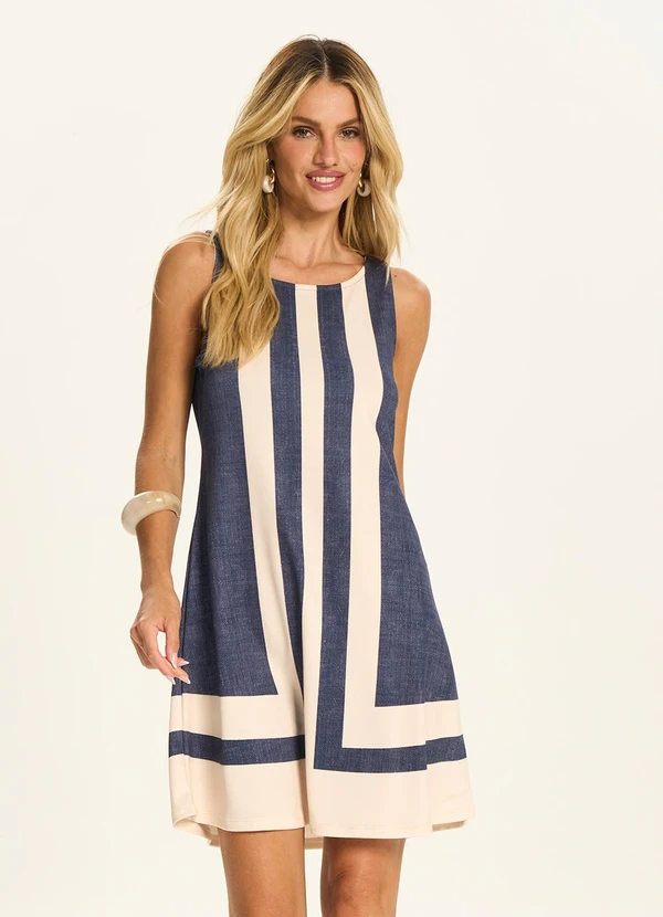 Doce Trama - Vestido Curto com Estampa Geométrica Azul