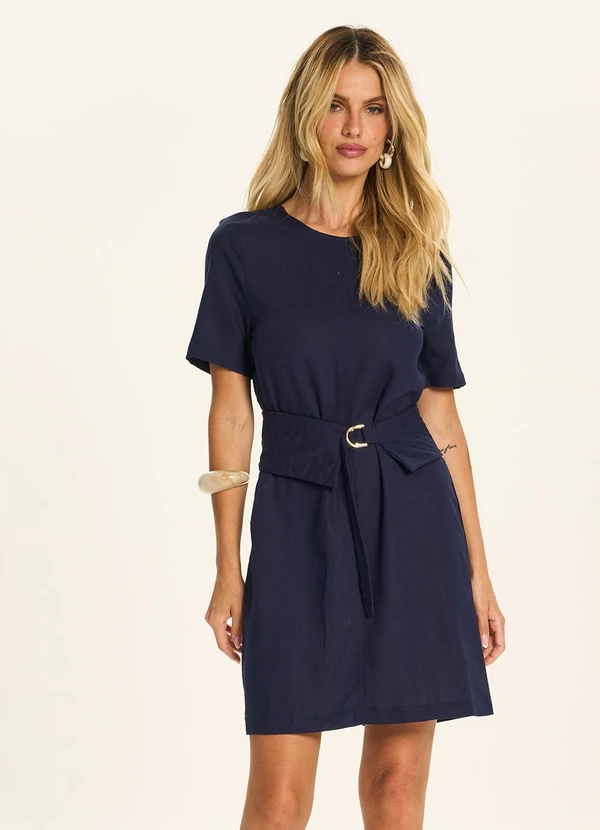Doce Trama - Vestido Curto com Faixa e Fivela Azul