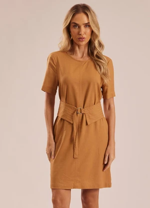 Doce Trama - Vestido Curto com Faixa e Fivela Marrom - DOCE TRAMA