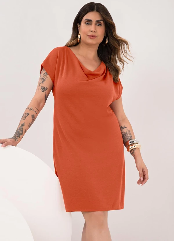 Lunender Mais Mulher - Vestido Curto com Gola Degagê Tricô Laranja 3