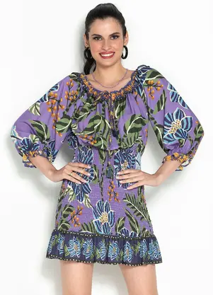 Farm - Vestido Curto com Lastex Bossa Flor Roxo - FARM