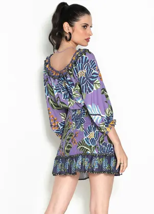 Farm - Vestido Curto com Lastex Bossa Flor Roxo - FARM