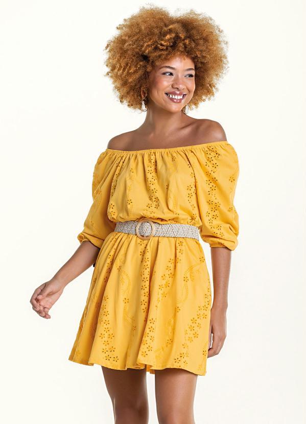 Marialícia - Vestido Curto com Manga Bufante Amarelo